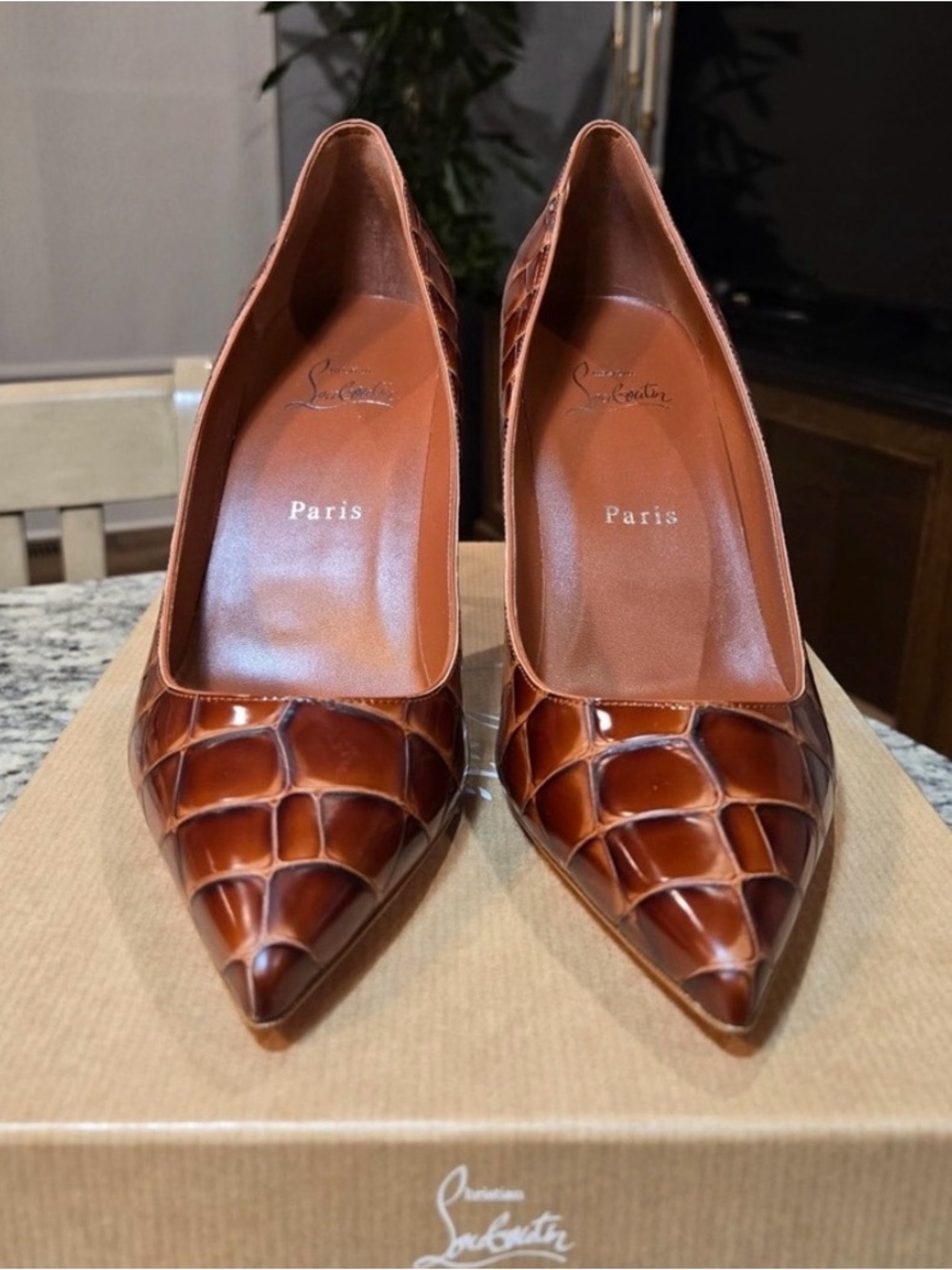 Christian Louboutin Brown Croc-Embossed Pointed Toe Pumps